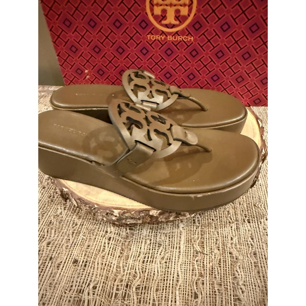 NEW TORY BURCH MILLER WEDGE 25mm BROWN LEATHER SANDALS 6M - Picture 5 of 10